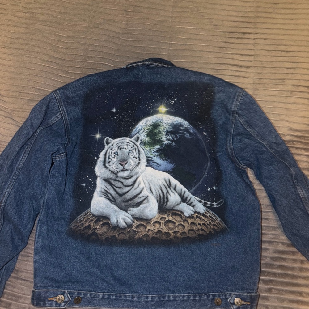 Womens denim jacket, white tiger design